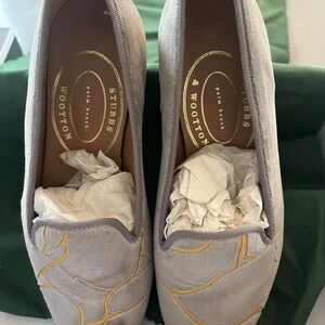 Stubbs and Wootton Kintsugi grey velvet loafers with gold embroidery